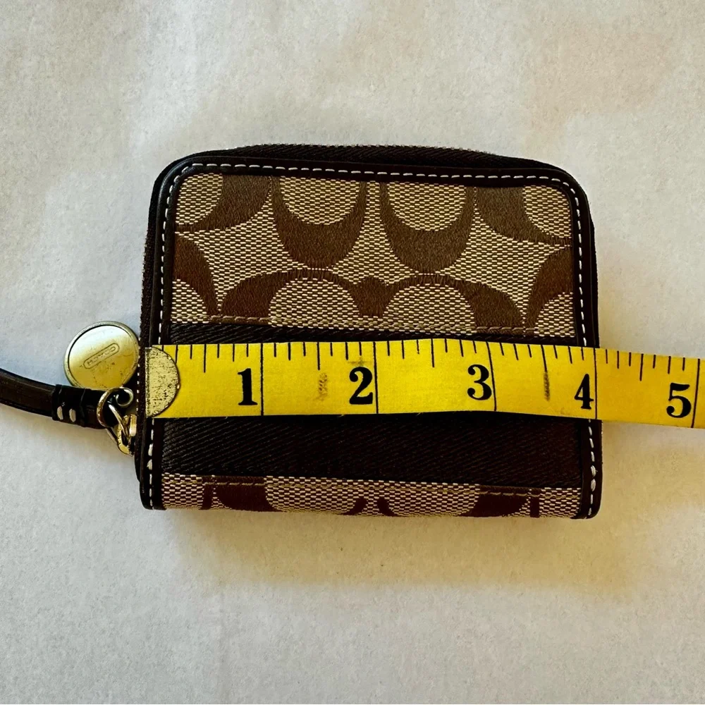 Coach Signature Stripe Zip Coin Wallet Card Case Brown Khaki Canvas Gold Charm